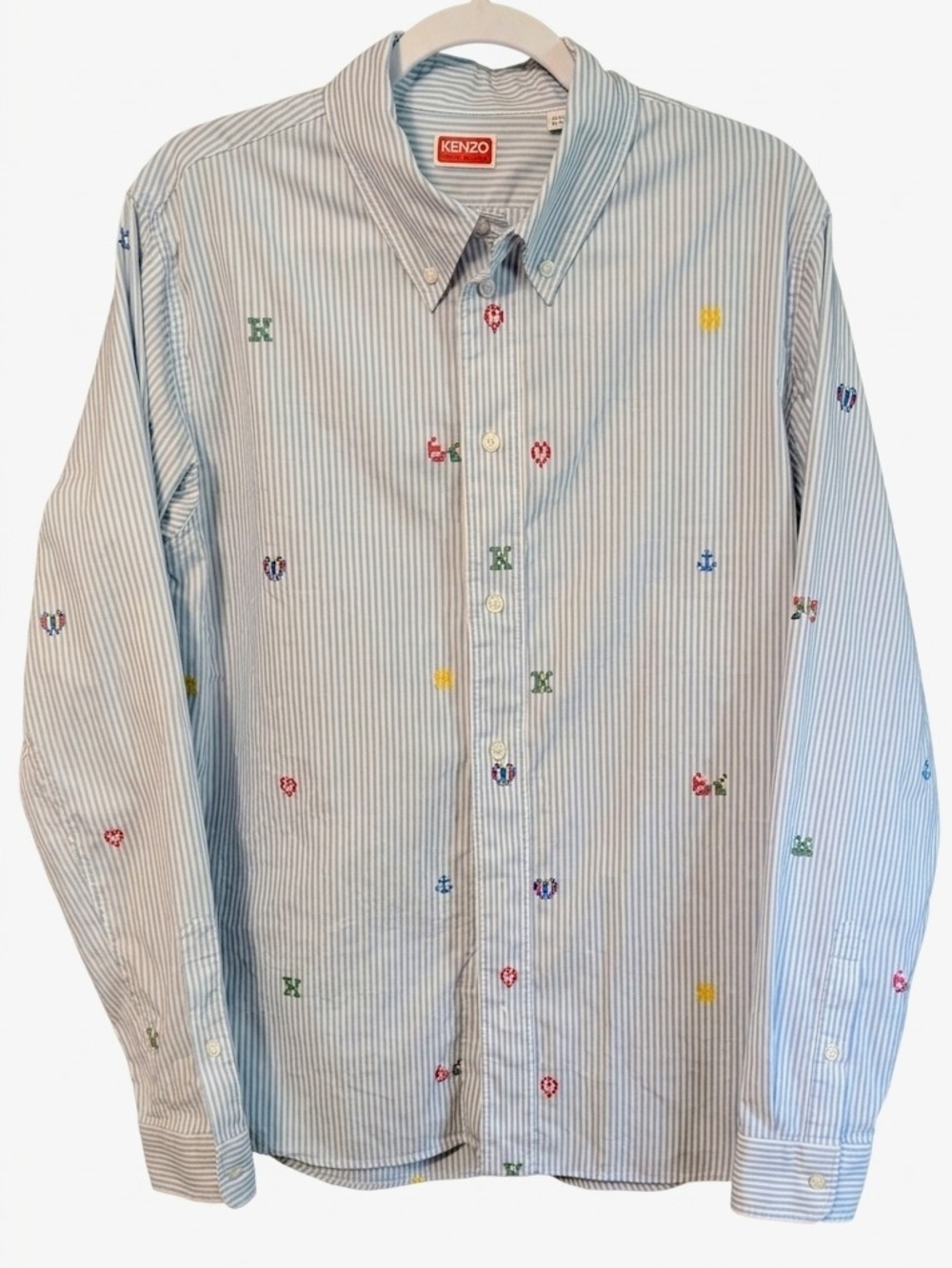Kenzo Light Blue and White Striped Embroidered Button-Down Shirt
